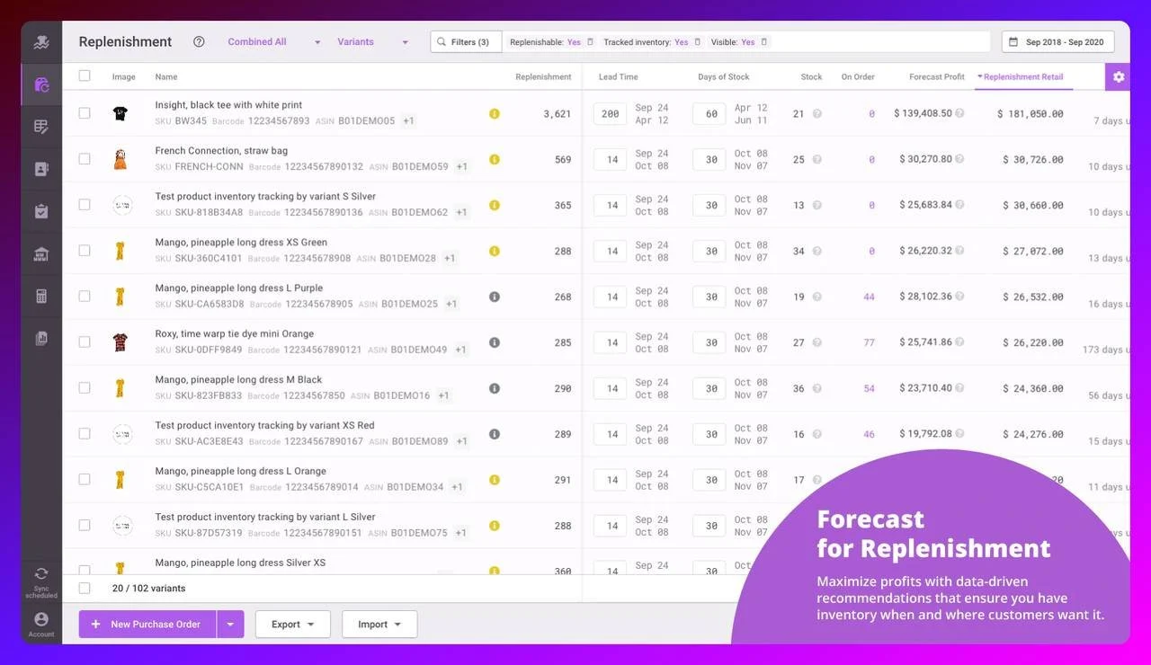 a screenshot of Inventory Planner Shopify app b ack office showing all the setting and low stock allert that says "Forecast
for Replenishment"