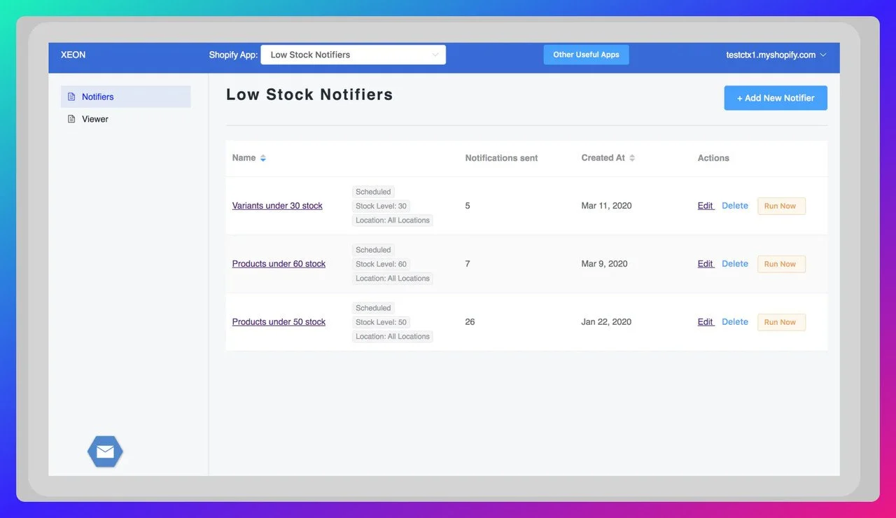 a screenshot of the Low Stock Notifier Shopify app that shows the Shopify store's dashboard and the settings