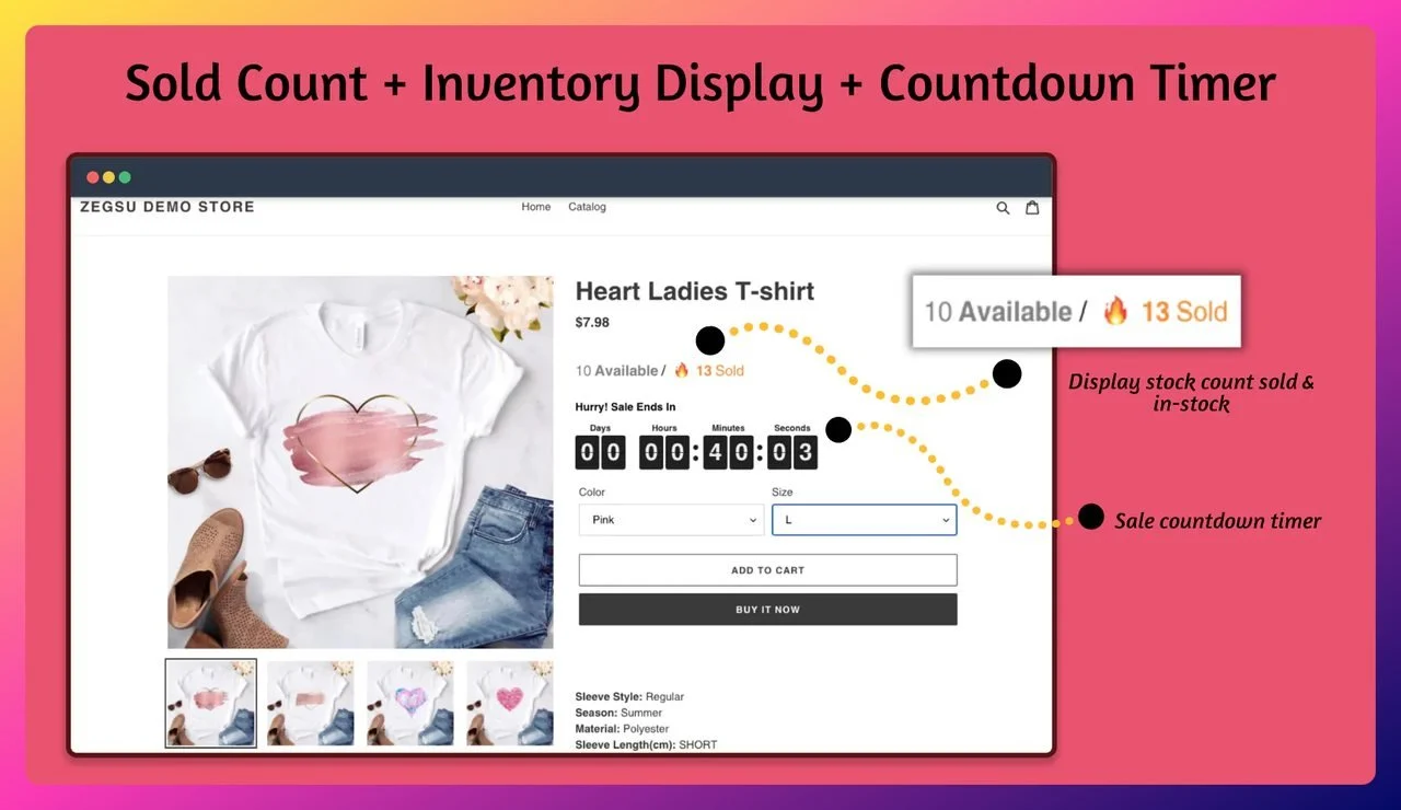 a scfreenshot of Sold Stock Counter Shopify app with pink theme that says "Sold Count + Inventory Display + Countdown Timer" and shows a product page with count down feature