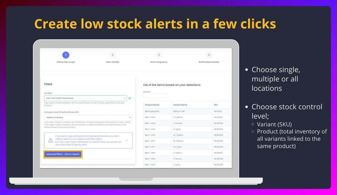a screenshot of Merchbees Low Stock Alert Shopify app that says "Create low stock alerts in a few clicks" amd shows the Shopify store dashboard and how to use this app