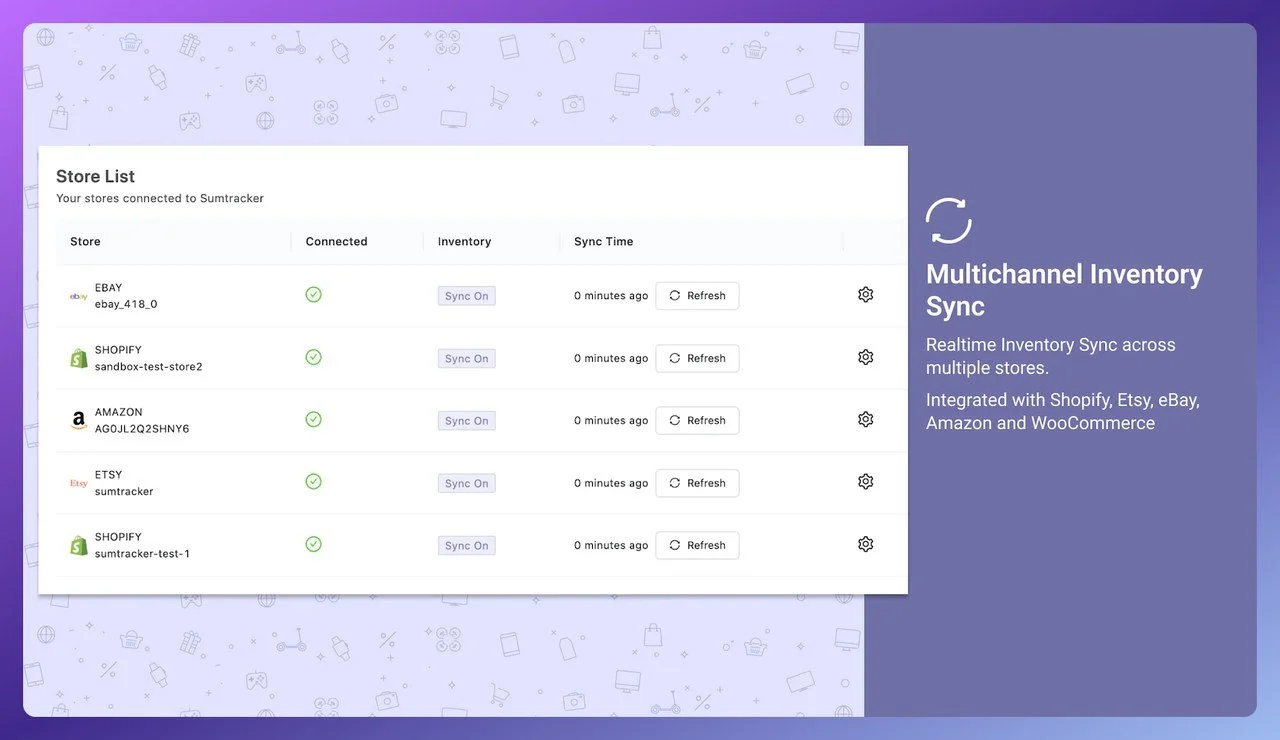 a screenshot of Sumtracker Inventory Bundles Shopify app with purple theme that shows the store dashboard and different setting and allerts for low stock
