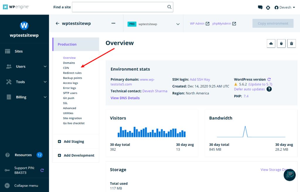 Tableau de bord du site WP Engine