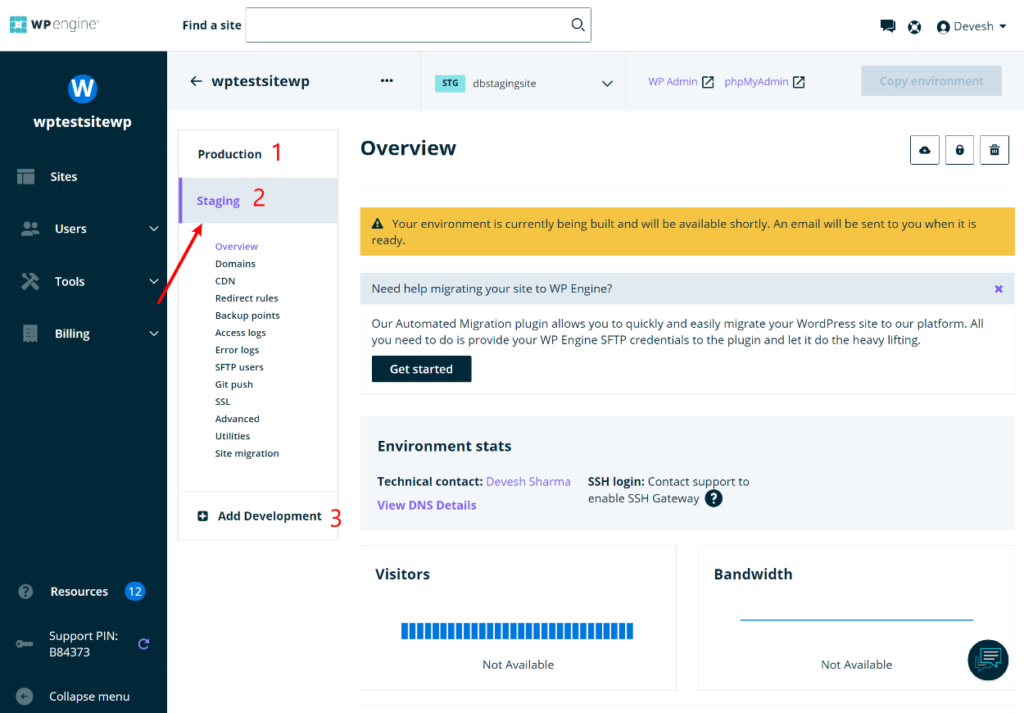 Sites de développement WP Engine