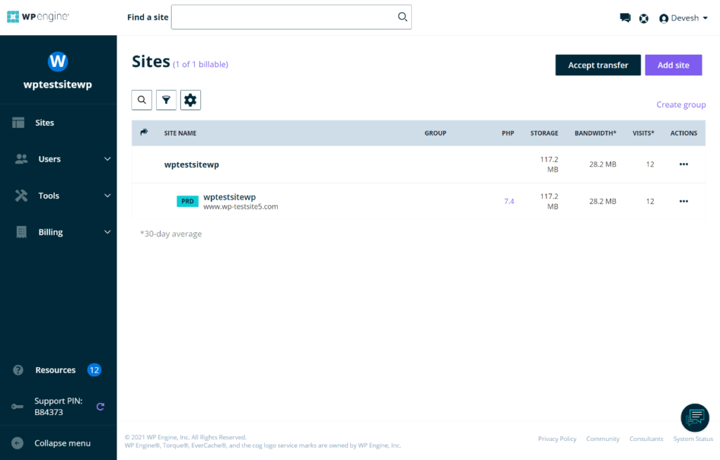 Tableau de bord principal de WP Engine