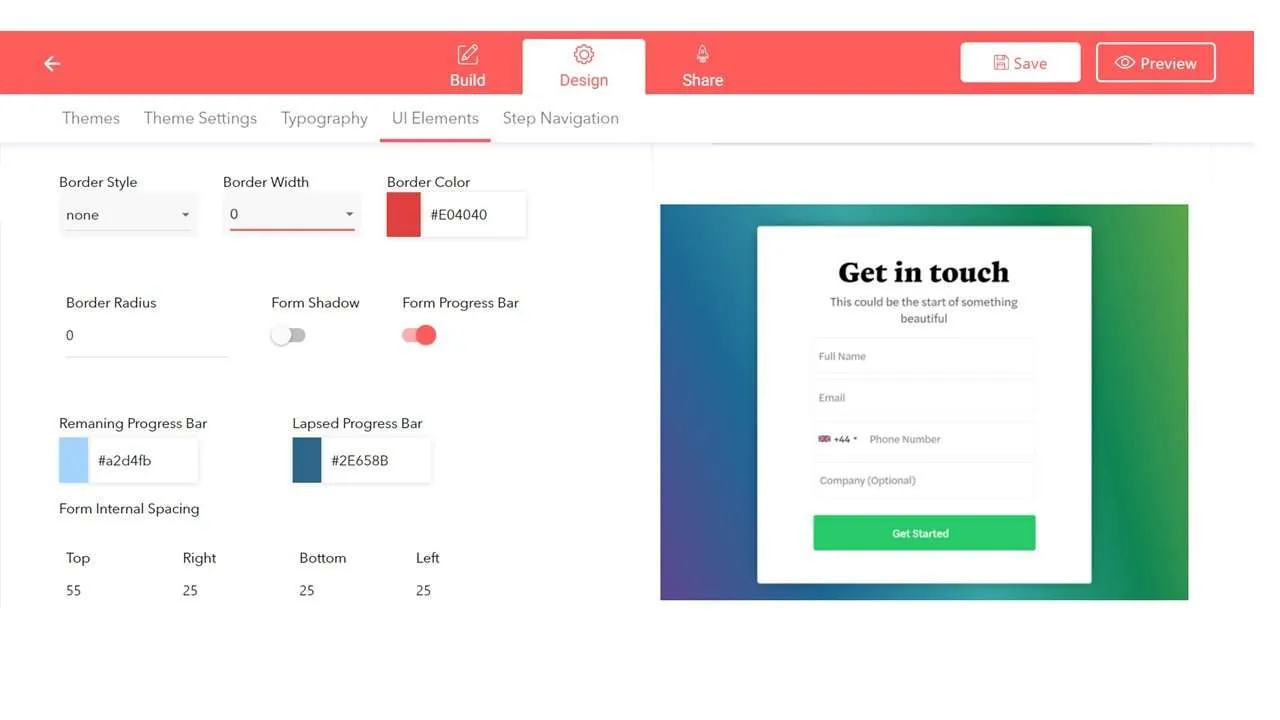 LeadGen form-builder design section and form preview