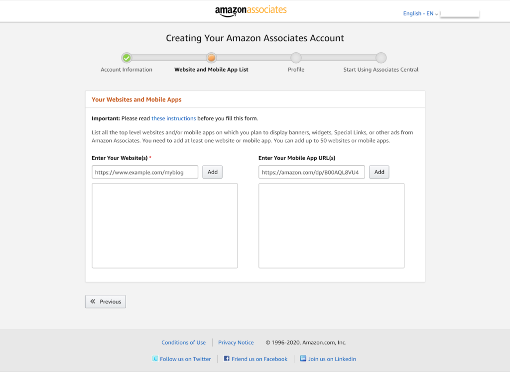 Creación de su cuenta de Amazon Associates