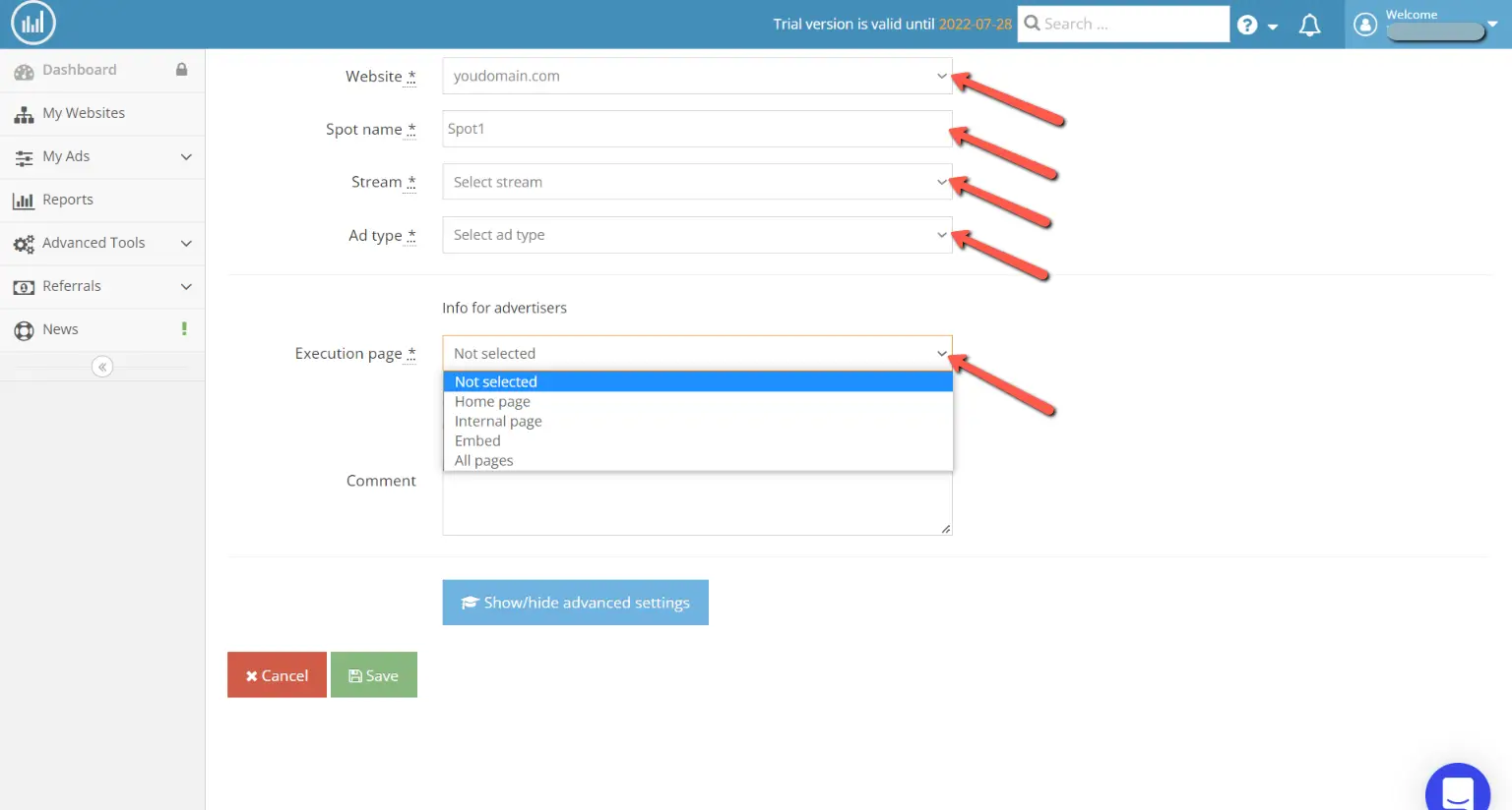 choisir la page d'exécution sur adspyglass