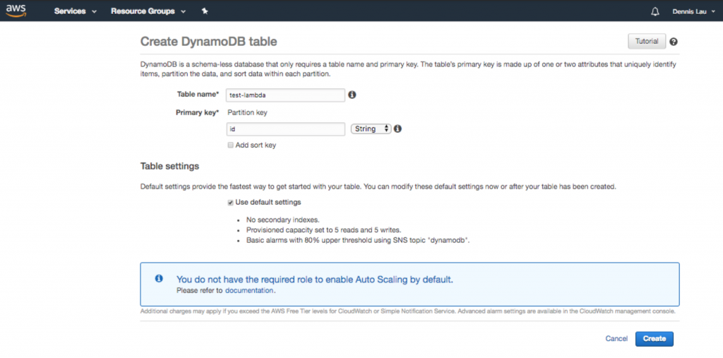 إنشاء جدول قاعدة بيانات Dynamo في AWS Lambda.