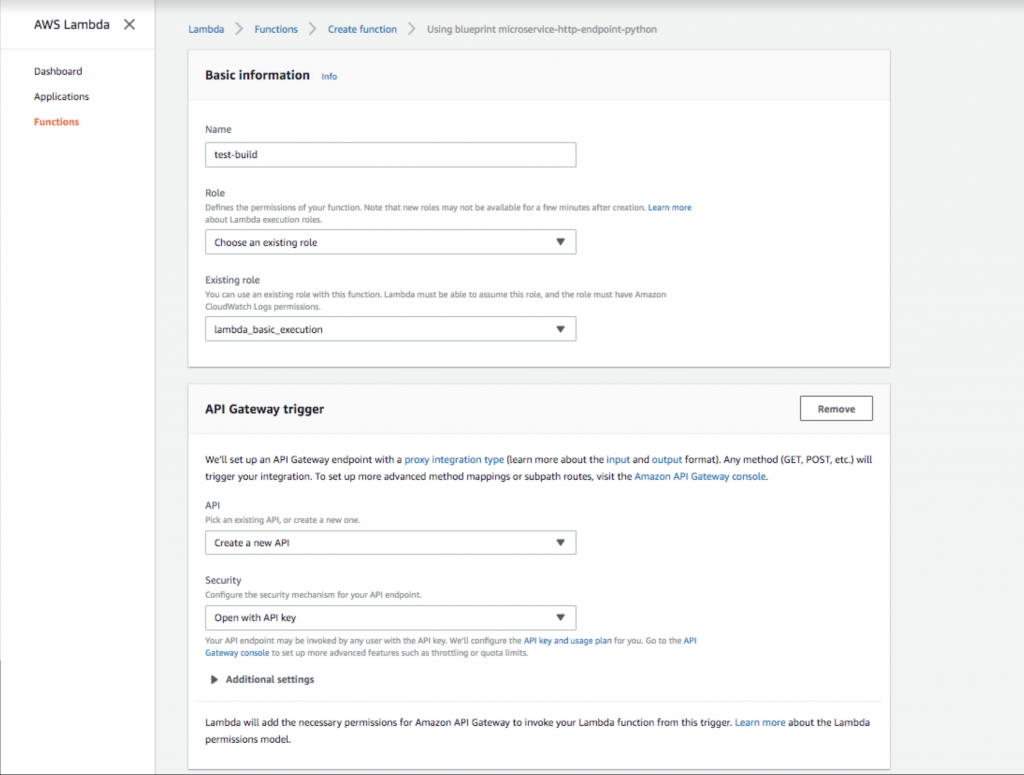 إعداد مفتاح بوابة API مفتوح في AWS Lambda.