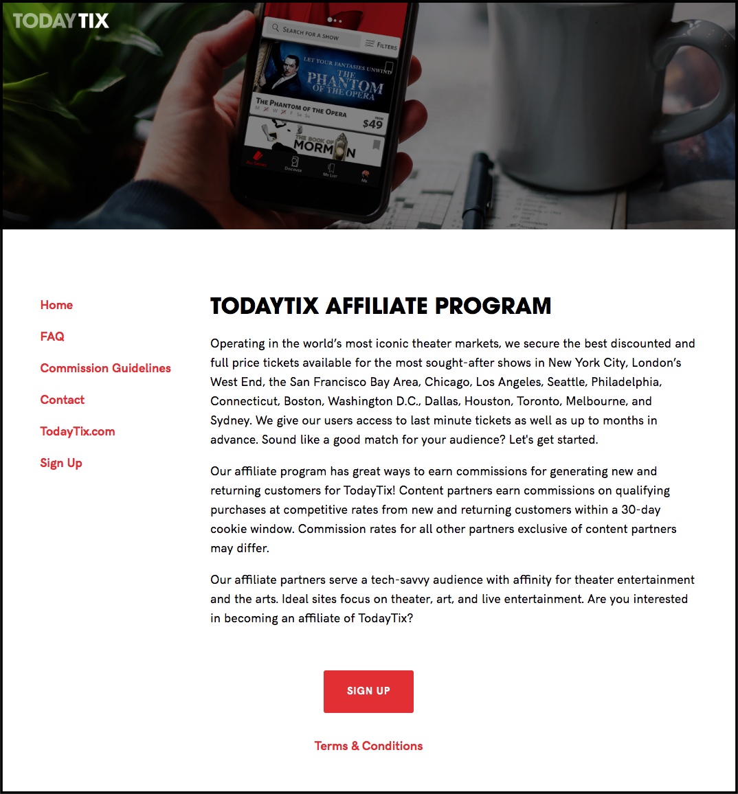 Screenshot der Homepage des Affiliate-Programms von TodayTix