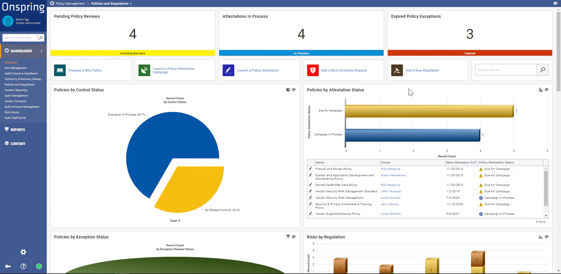 <p><i><span style="font-weight: 400;">Policy management dashboard in </span></i><a href="https://www.capterra.com/p/138931/Audit-Software/"><i><span style="font-weight: 400;">Onspring</span></i></a><i><span style="font-weight: 400;"> (</span></i><a href="https://www.capterra.com/p/138931/Audit-Software/"><i><span style="font-weight: 400;">Source</span></i></a><i><span style="font-weight: 400;">)</span></i></p>
