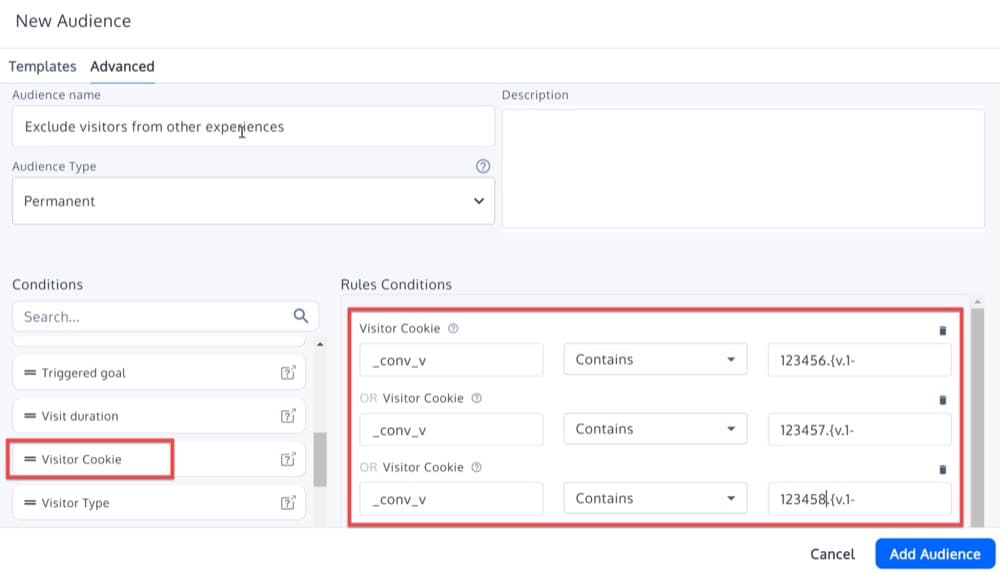 กำหนดเงื่อนไขของผู้ชมตามคุกกี้ของผู้เข้าชมใน Convert Experiences