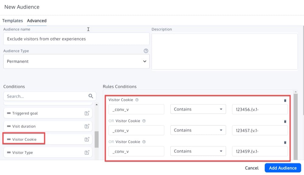 กำหนดเงื่อนไขของผู้ชมตามคุกกี้ของผู้เข้าชมใน Convert Experiences