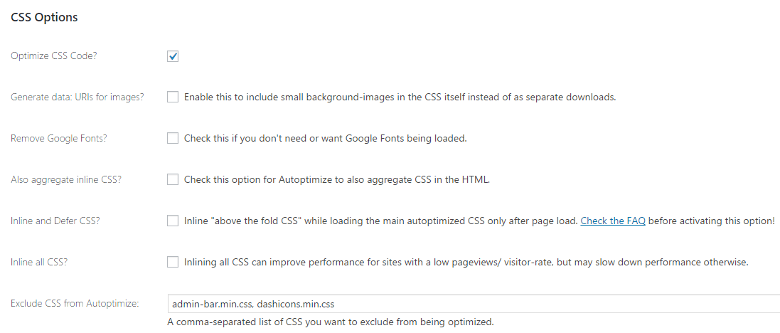 Opciones de optimización automática de CSS