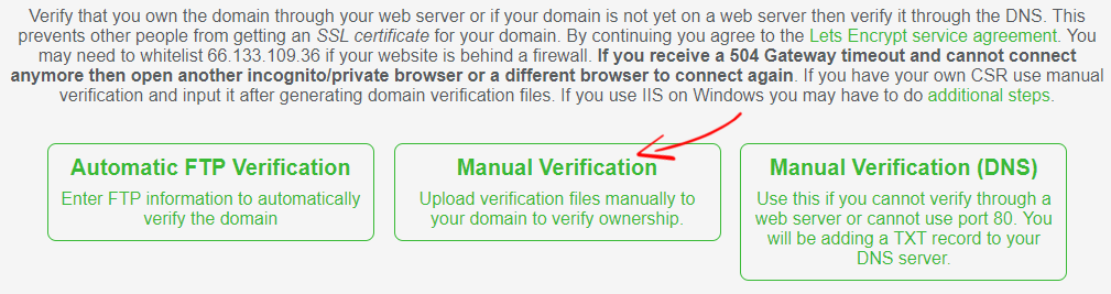 用於免費手動驗證的 SSL