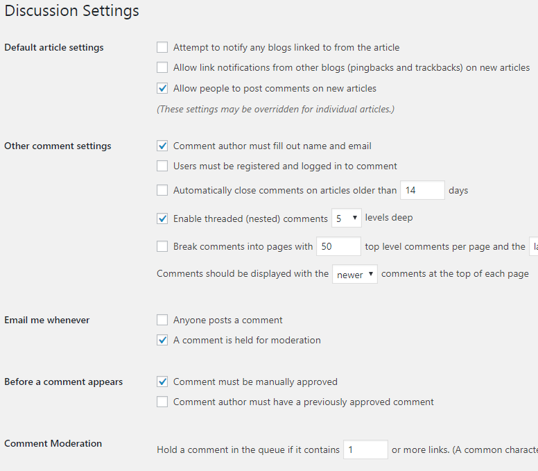 Setări pentru discuții WordPress