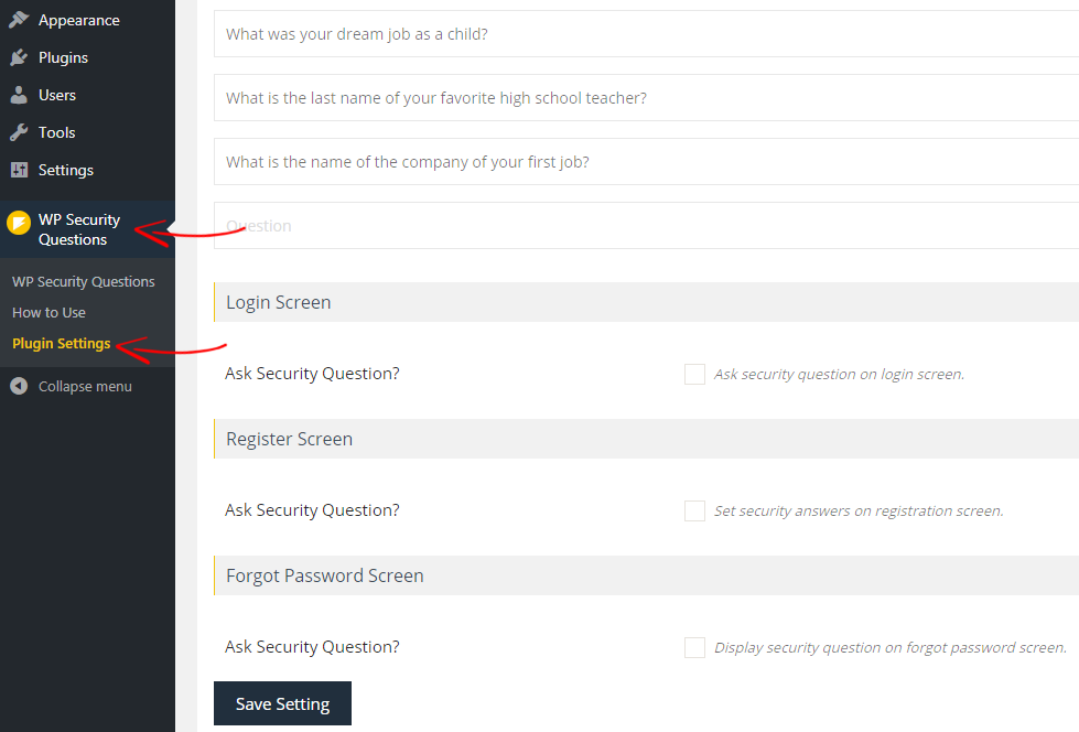 Einstellungen für WP-Sicherheitsfragen