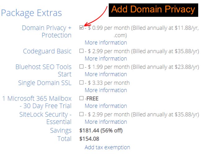 Bluehost Package Extras