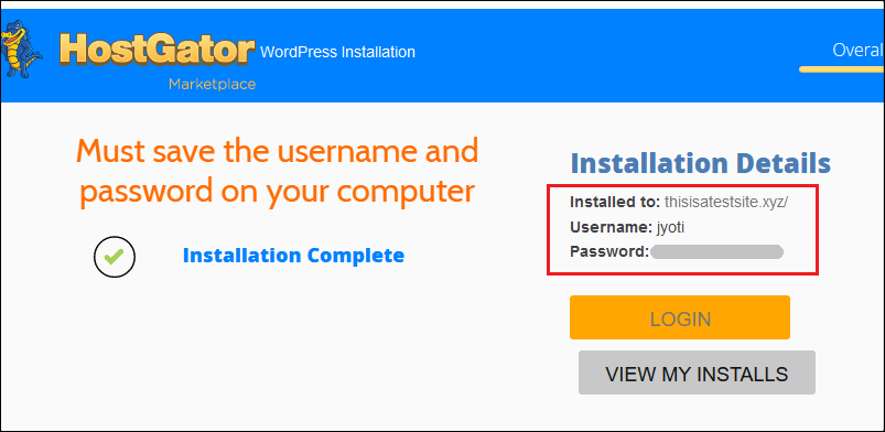 HostGator WordPress Installation Complete