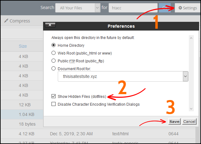 cPanel show hidden files