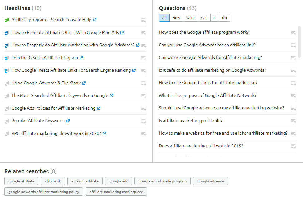 SEMrush Topic Research Tool Cards View Expand