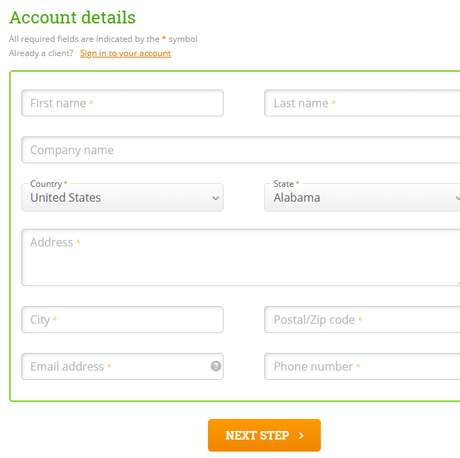 HostPapa Sign up account details