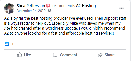 A2 Hosting Review on Facebook 4