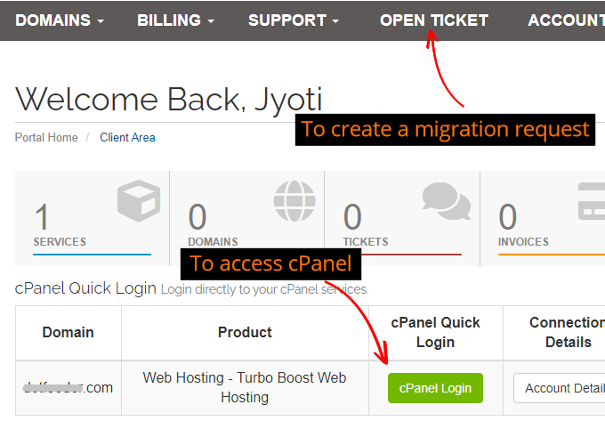 A2 Hosting Dashboard access