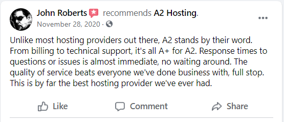 A2 Hosting Review on Facebook 7