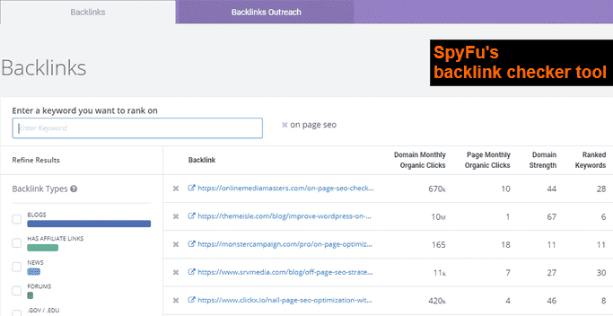 SpyFu backlink checker