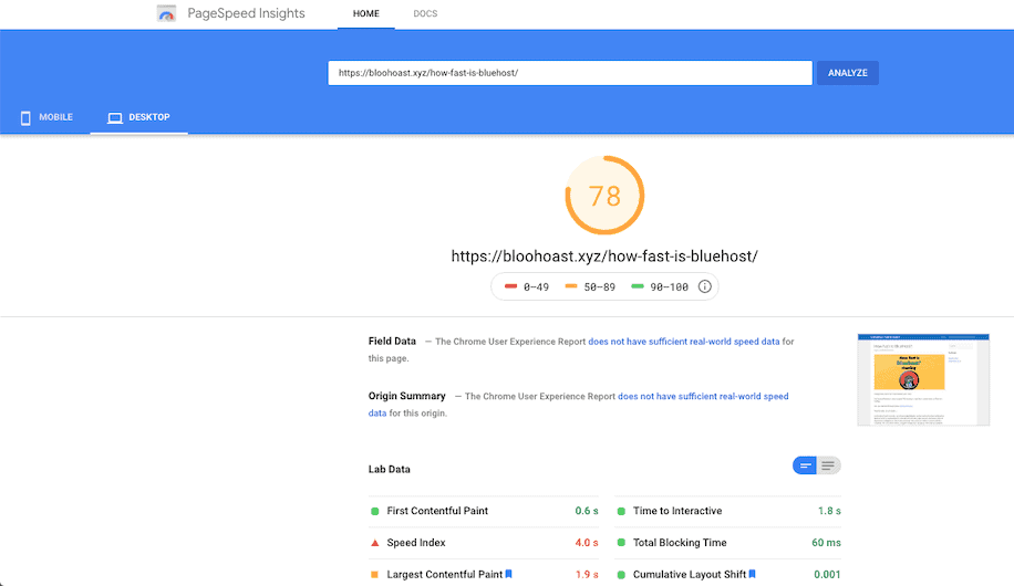 Bluehost Pagespeed Insights Masaüstü