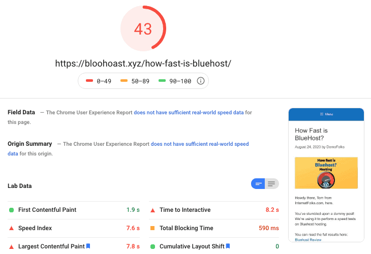 Bluehost Cloudflare Pagespooed Insights Mobile