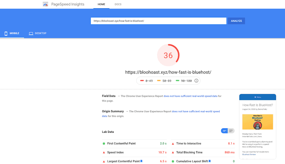 Bluehost Pagespeed Insights Mobil