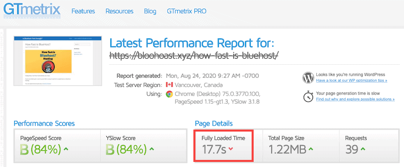 Gtmetrix Bluehost Web Sitesi Hız Testi