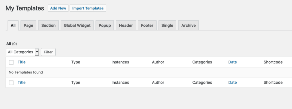 Elementor Template Dashboard