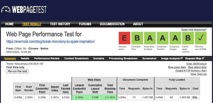 Evernote Blog Core Web Vitals Test della pagina web