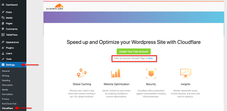 wordpress'ten cloudflare'a giriş yapın.