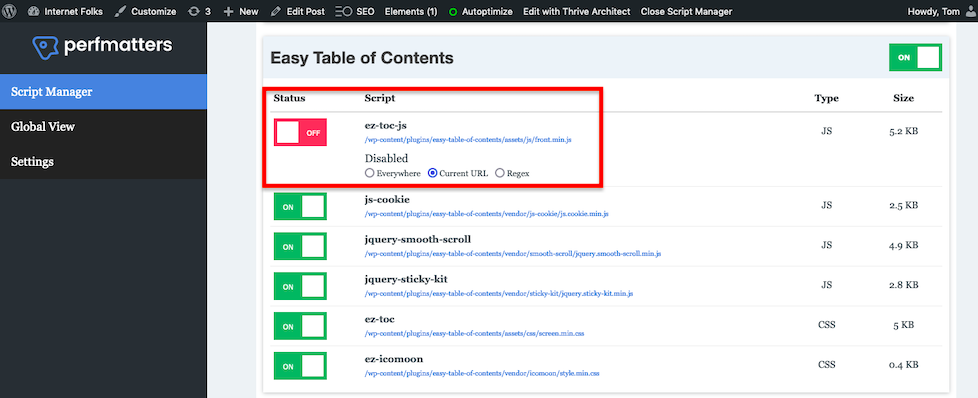 perfmatters komut dosyası yöneticisi eklenti css javascript'i devre dışı bırak