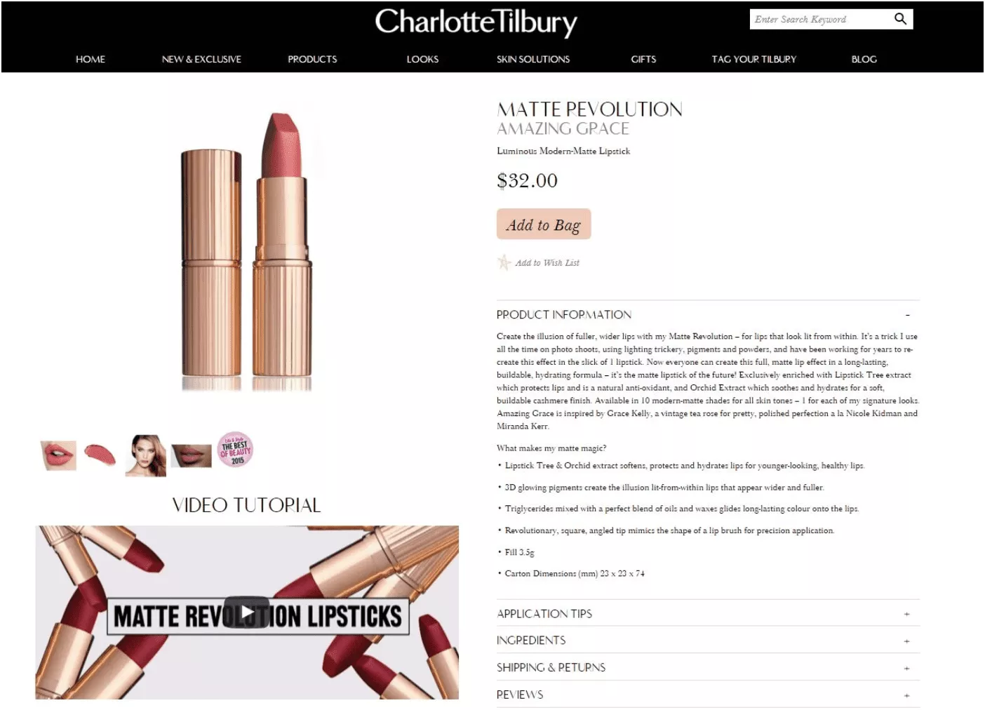 Charlotte Tillbury Lipstick hat einen ausführlichen Abschnitt darüber, was Matt zu magischen physikalischen Eigenschaften und Vorteilen der Verwendung macht