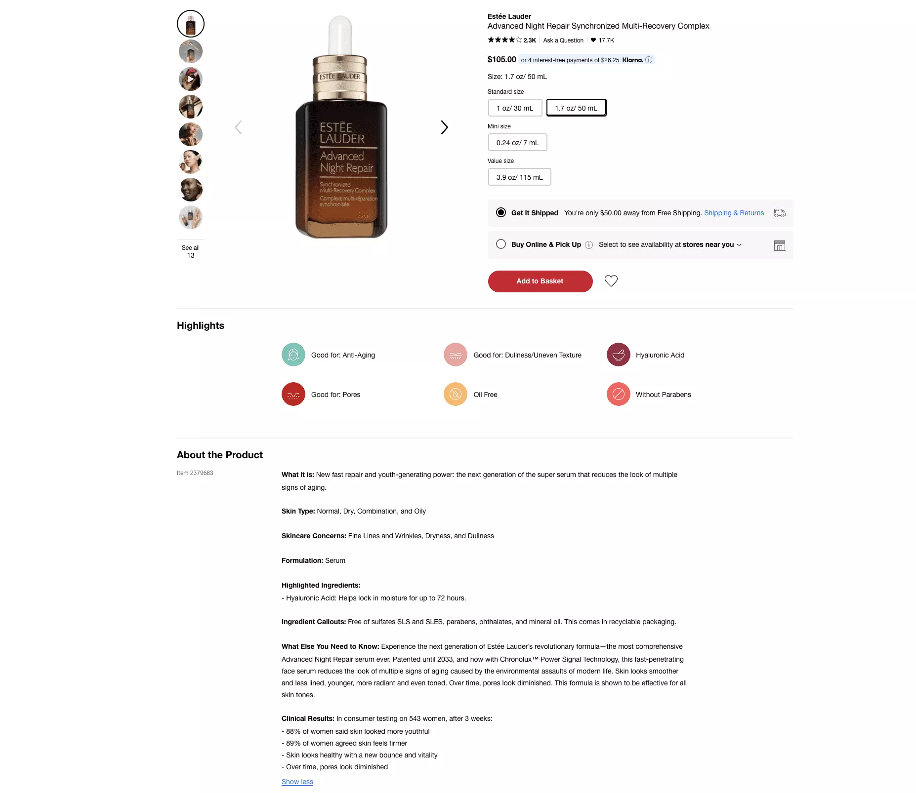 L'image représente le complexe multi-récupération synchronisé Advanced Night Repair d'Estee Lauder avec des informations complètes et vitales qui aident les clients à se convertir rapidement.