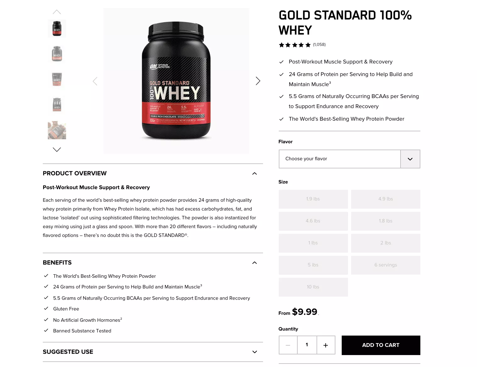 Bouteille de lactosérum Gold Standard d'OptimumNutrition qui donne des points sur Pourquoi l'utiliser, pour les clients potentiels qui recherchent des statistiques de santé ou des directives GYM