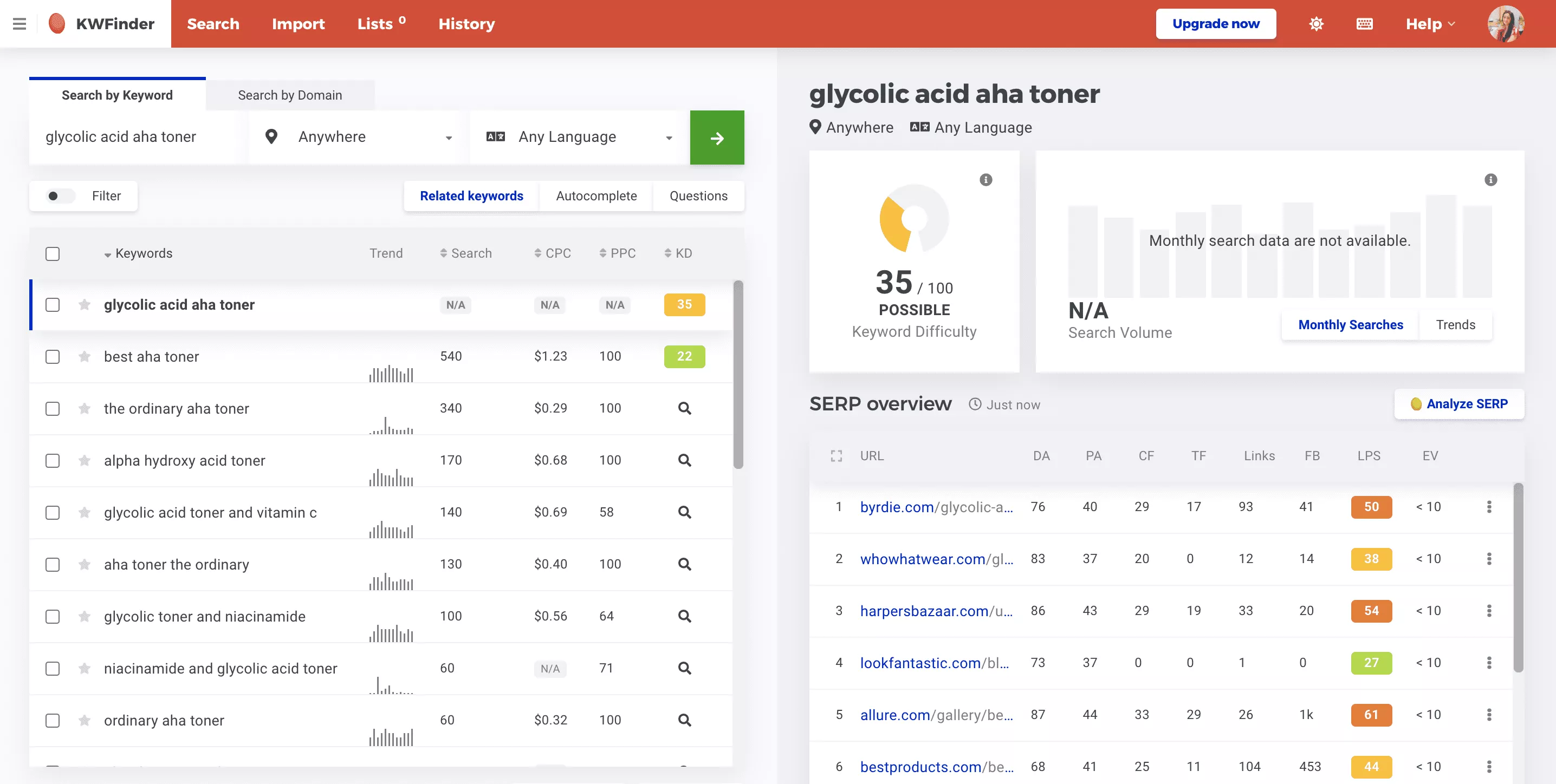 un exemple de la façon dont KWfinder affiche les résultats lorsque vous recherchez les mots-clés acide glycolique aha toner