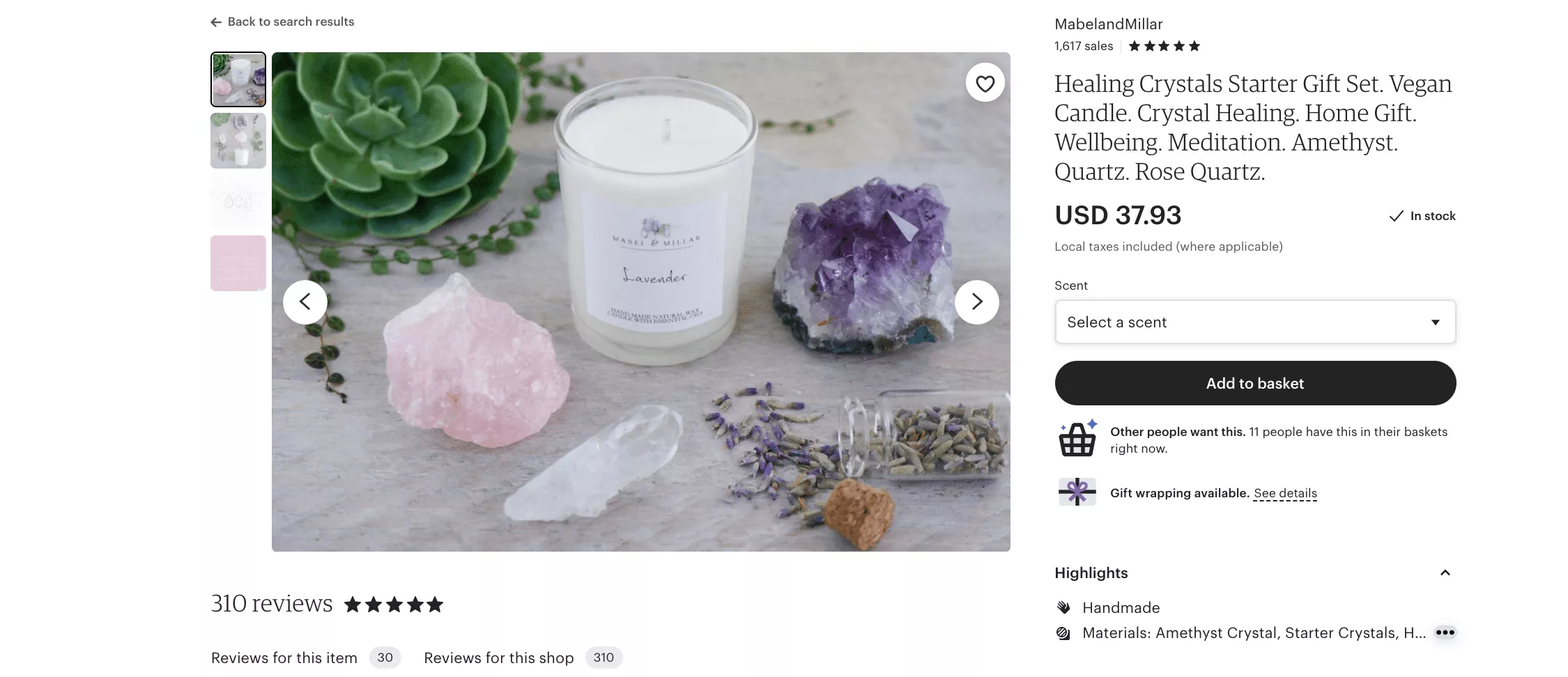 MabelandMilar Candles には、完全な製品タイトルと強調表示された説明があり、ギフト オプションや手作りの免責事項など、お客様に複数のオプションを提供できます。