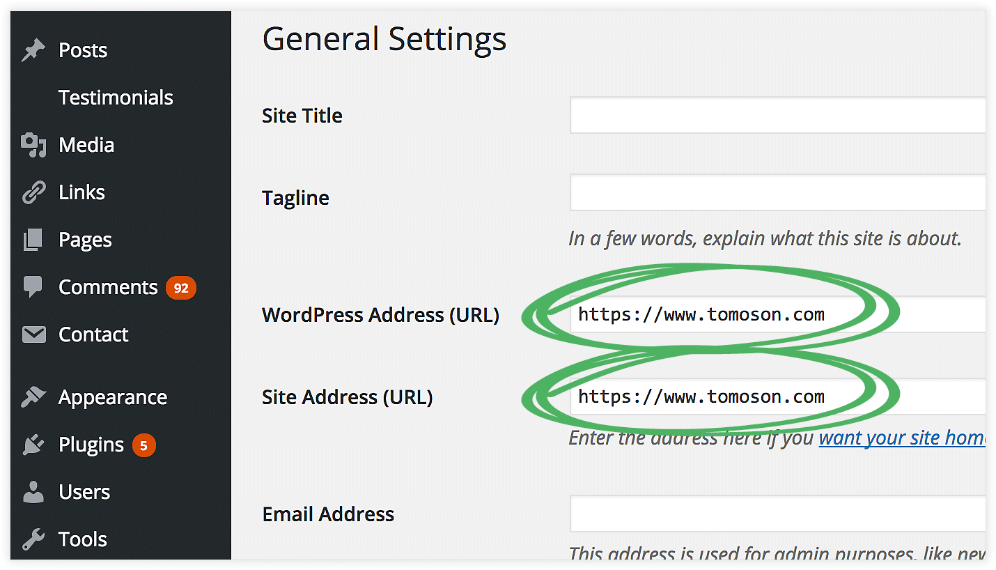 Aktualisieren Sie die URLs der allgemeinen WordPress-Einstellungen von HTTP auf HTTPS