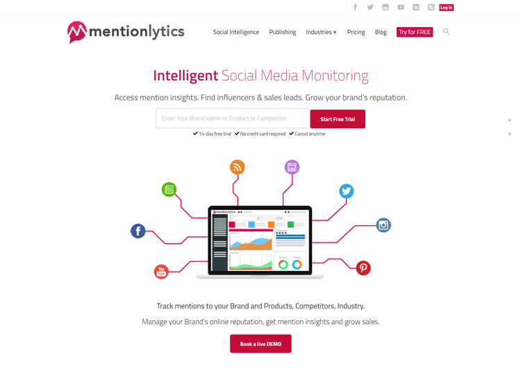 Ein Screenshot der Social Media Tracker-Homepage von Mentionlytics.