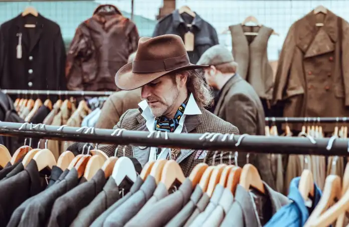 man in brown cowboy hat in front of hanged suit jackets