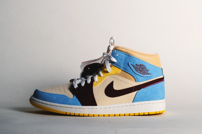 White Blue and Yellow Nike Air Jordan 1 Shoe