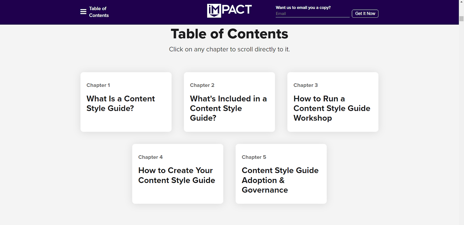 来自 iMPACT 的内容支柱页面按章节目录示例的屏幕截图