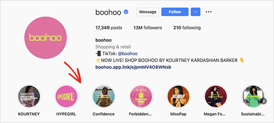 Instagram ストーリー ハイライトの例 BooHoo