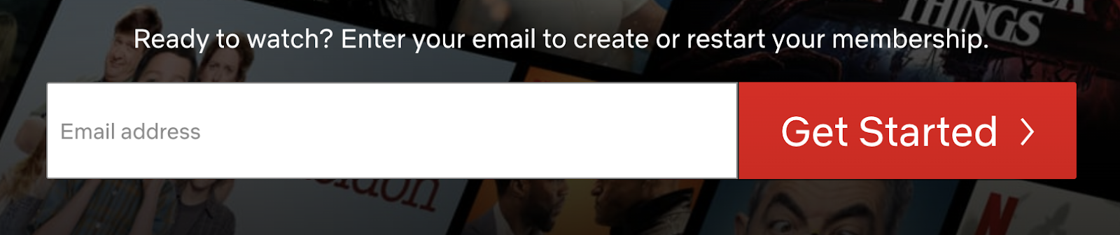 Netflix は、メール アドレス ボックスの横にある赤い [開始] CTA ボタンを使用しています。